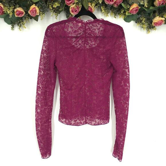 Free People Intimately Maroon Mesh Floral Long Sleeve Top Size Medium - Picture 2 of 9